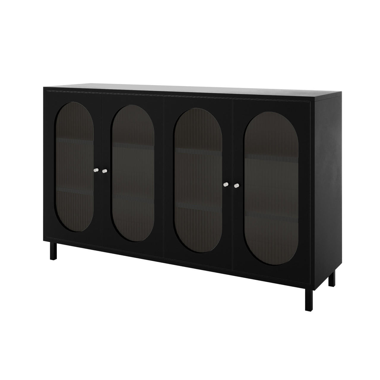 Cambria 150cm Fluted Glass Buffet Cabinet - Black features matte black finish, four ribbed glass-paneled doors, slim metal legs, and metallic knobs, offering elegant storage with visible shelving.