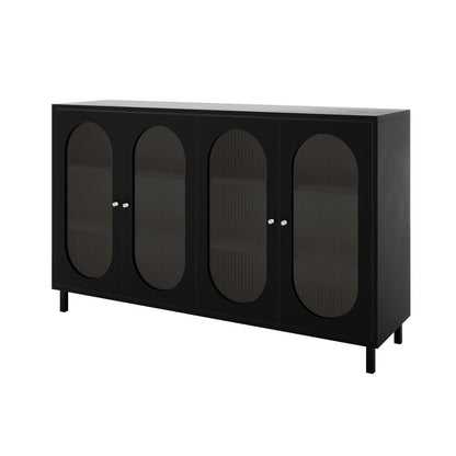 Cambria 150cm Fluted Glass Buffet Cabinet - Black features matte black finish, four ribbed glass-paneled doors, slim metal legs, and metallic knobs, offering elegant storage with visible shelving.