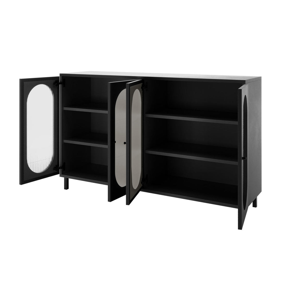 Cambria 150cm Fluted Glass Buffet Cabinet - Black features matte black finish, three frosted glass doors, and interior shelving. A sleek, modern storage solution on short legs for living or dining areas.