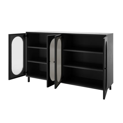 Cambria 150cm Fluted Glass Buffet Cabinet - Black features matte black finish, three frosted glass doors, and interior shelving. A sleek, modern storage solution on short legs for living or dining areas.