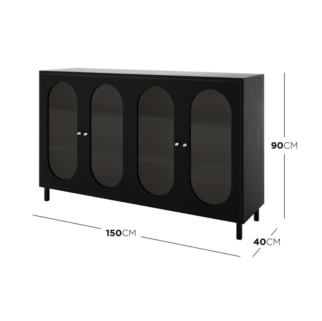 Cambria 150cm Fluted Glass Buffet Cabinet - Black features four tinted glass-panel doors with oval recesses, raised on simple legs. It measures 150cm wide, 40cm deep, and 90cm tall.