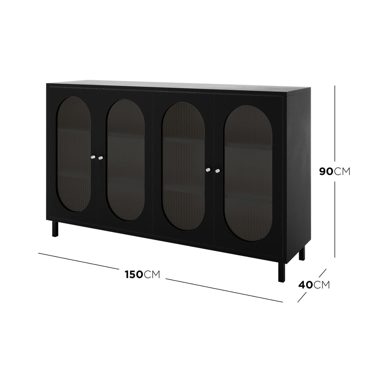 Cambria 150cm Fluted Glass Buffet Cabinet - Black features four tinted glass-panel doors with oval recesses, raised on simple legs. It measures 150cm wide, 40cm deep, and 90cm tall.