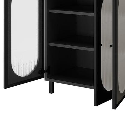 Cambria 150cm Fluted Glass Buffet Cabinet - Black, featuring matte black finish, fluted frosted-glass oval doors, one open showing shelves, minimal black knobs, square legs, and durable engineered wood construction.