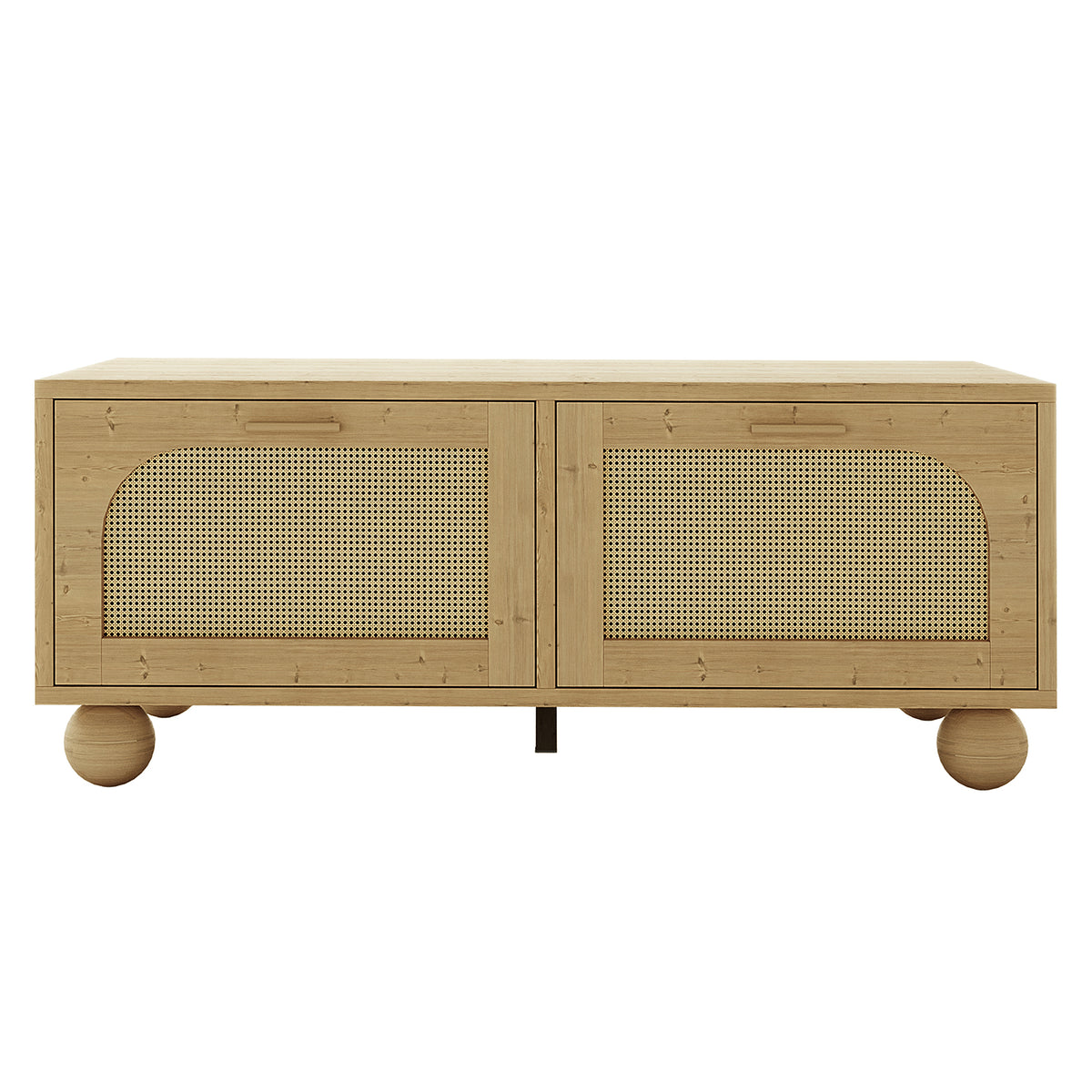 Carlo 110cm Rattan Coffee Table with Storage in Natural, featuring light wood, woven cane doors, and ball-shaped legs, offering a stylish and functional centerpiece for modern living spaces.