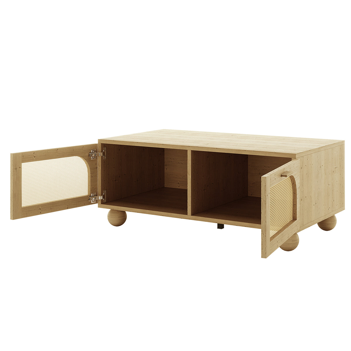 Carlo 110cm Rattan Coffee Table with Storage in Natural, featuring a light-stained wood finish, round ball feet, and two hinged doors with woven cane inserts revealing storage compartments.