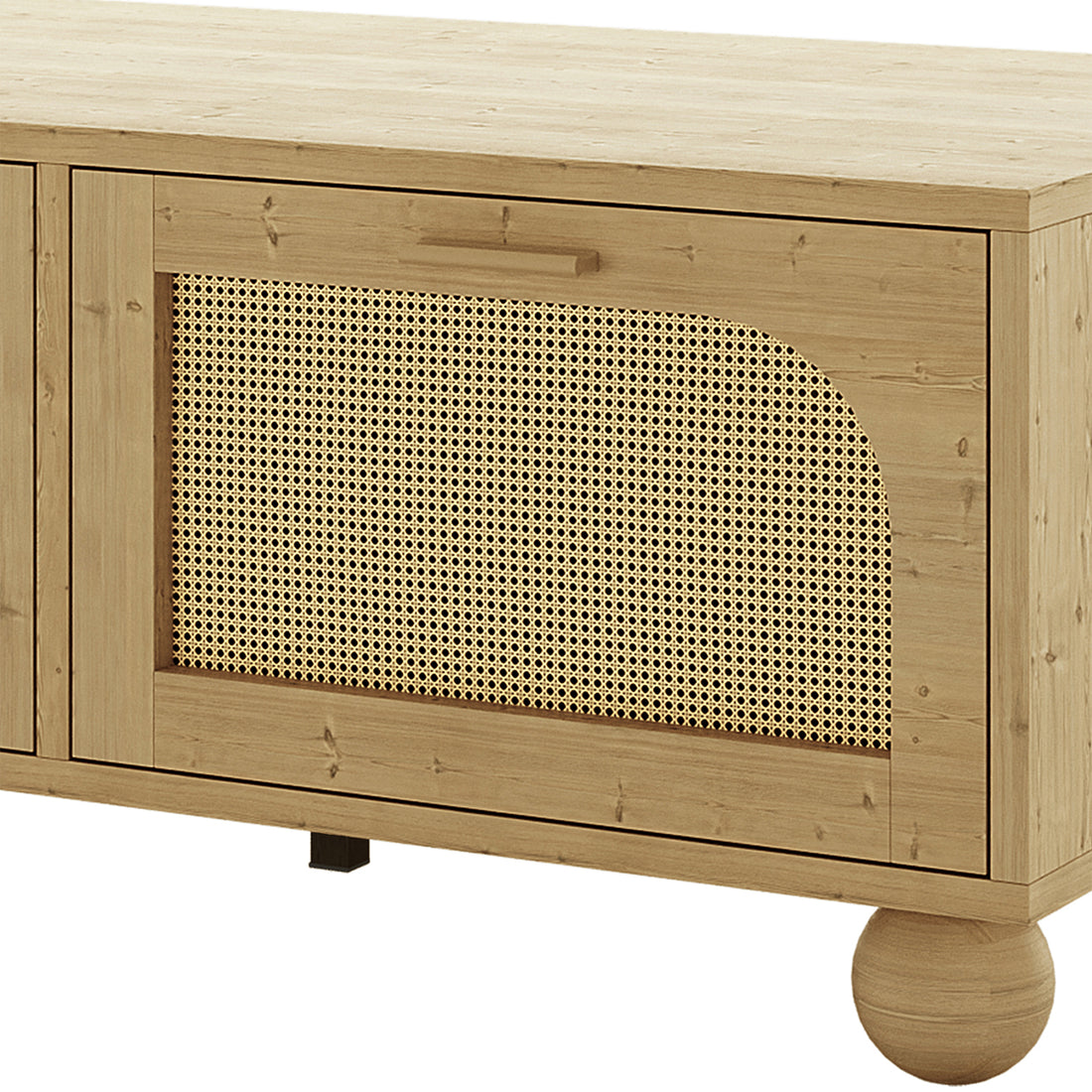 Carlo 110cm Rattan Coffee Table with Storage in Natural, featuring shaker-style framing, a rounded-arch rattan mesh door, a simple wooden pull, and turned ball foot, ideal for stylish organization.