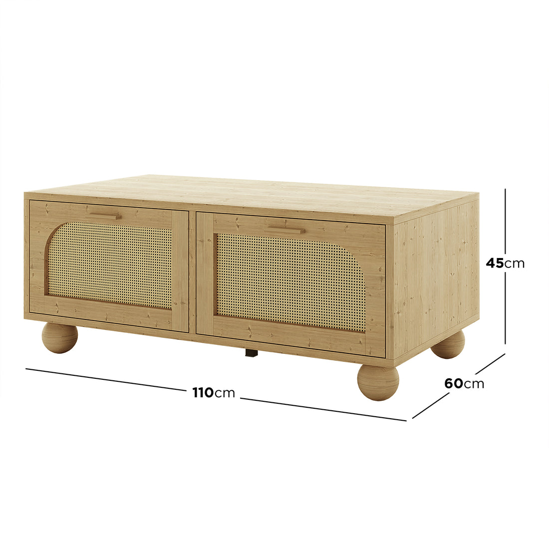 Carlo 110cm Rattan Coffee Table with Storage in Natural featuring two woven cane panel doors in a pine frame, chunky spherical wooden feet, ideal for both style and functionality.