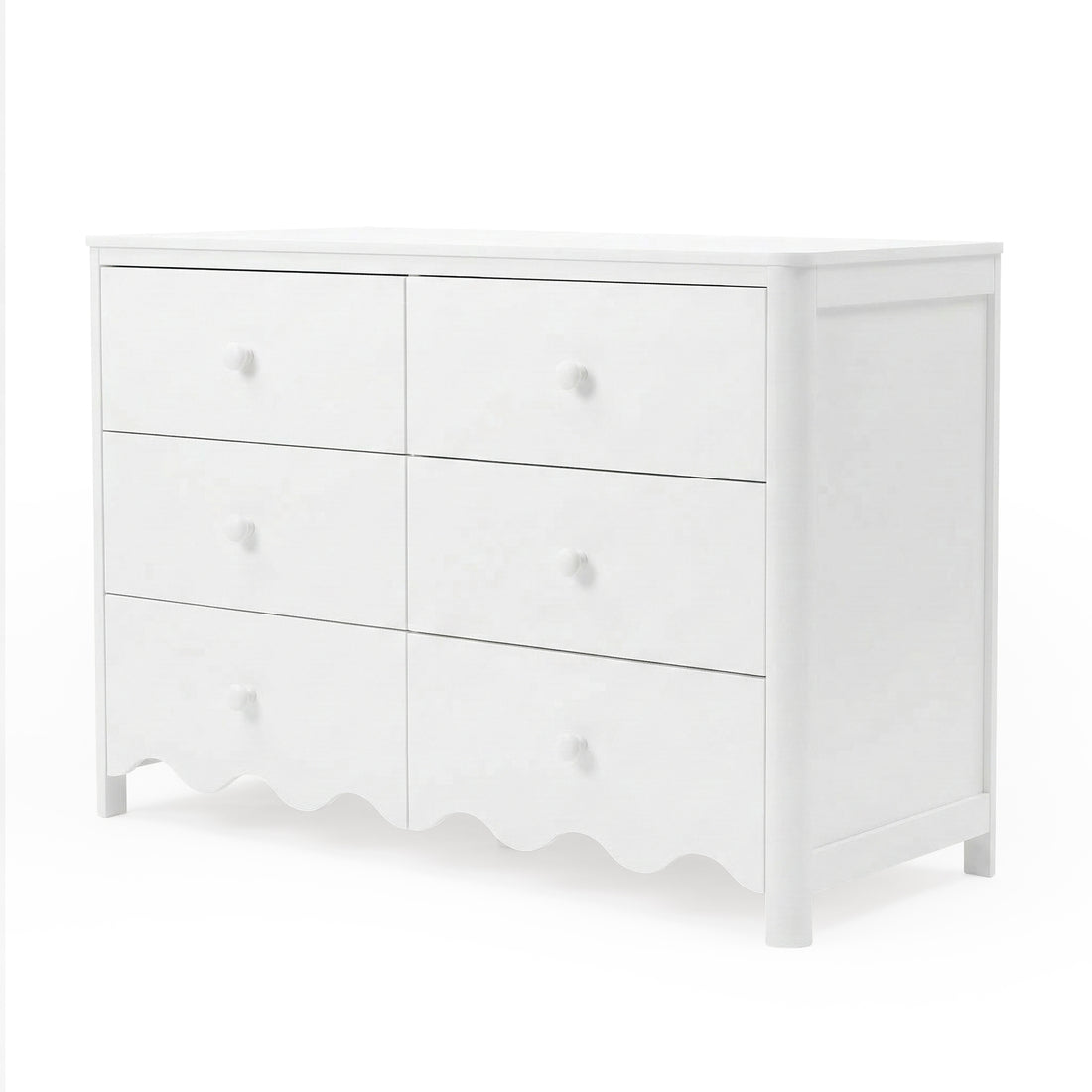 Full view of white six-drawer dresser on plain white background
