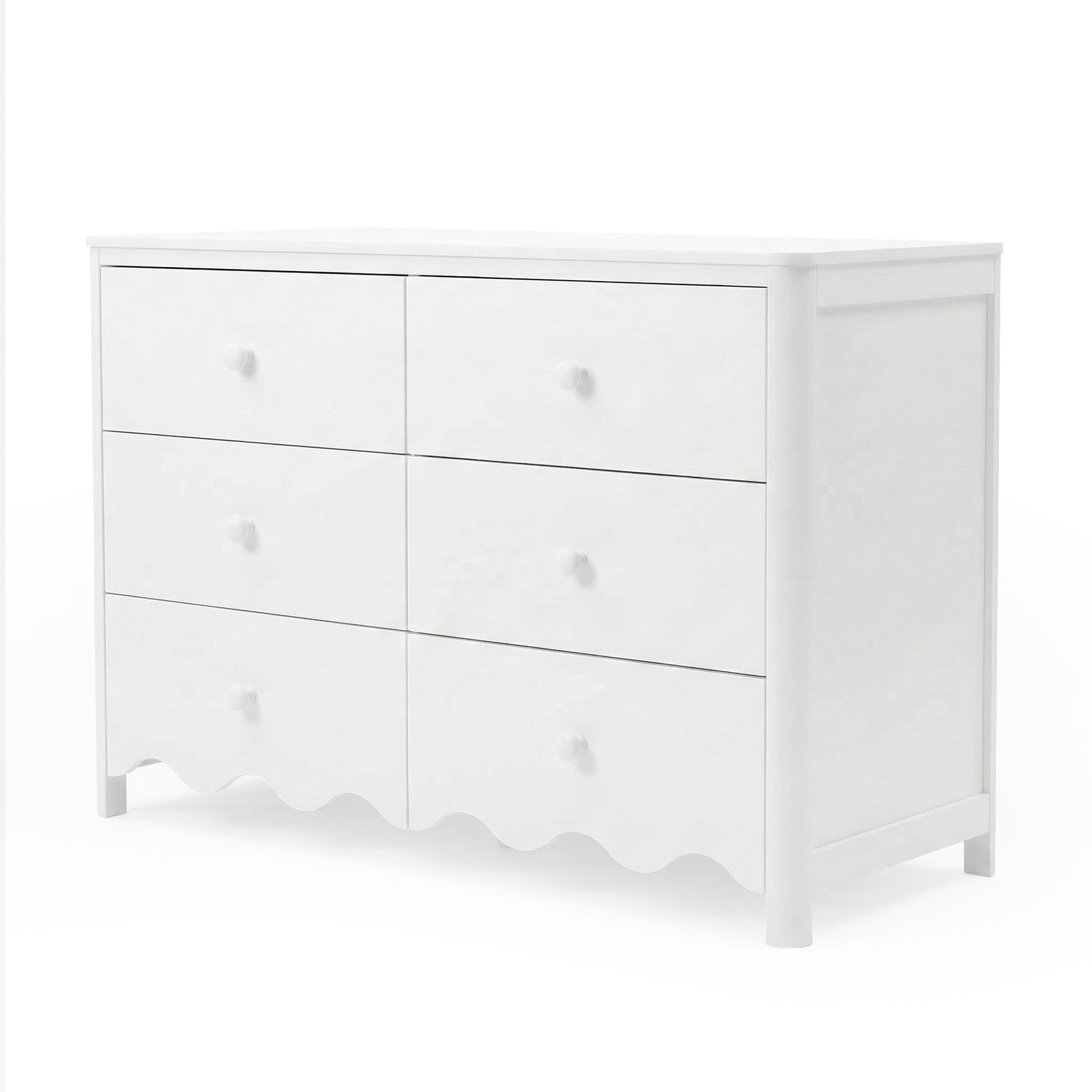 Full view of white six-drawer dresser on plain white background