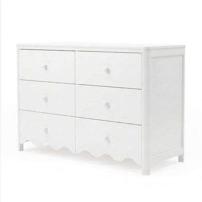 Full view of white six-drawer dresser on plain white background