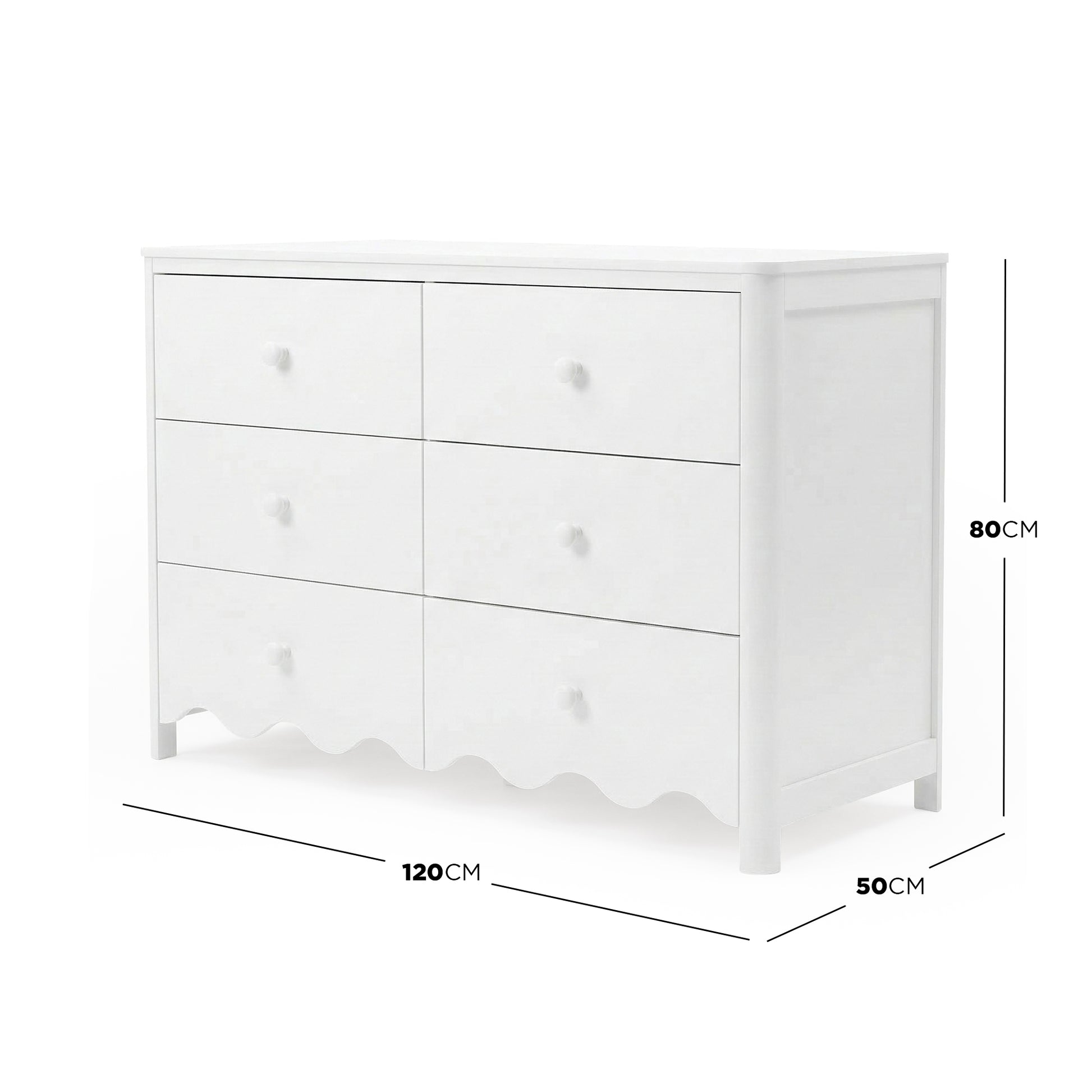 White dresser on white background with width, depth, and height measurements