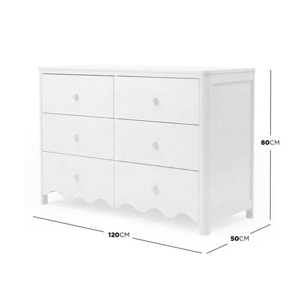White dresser on white background with width, depth, and height measurements