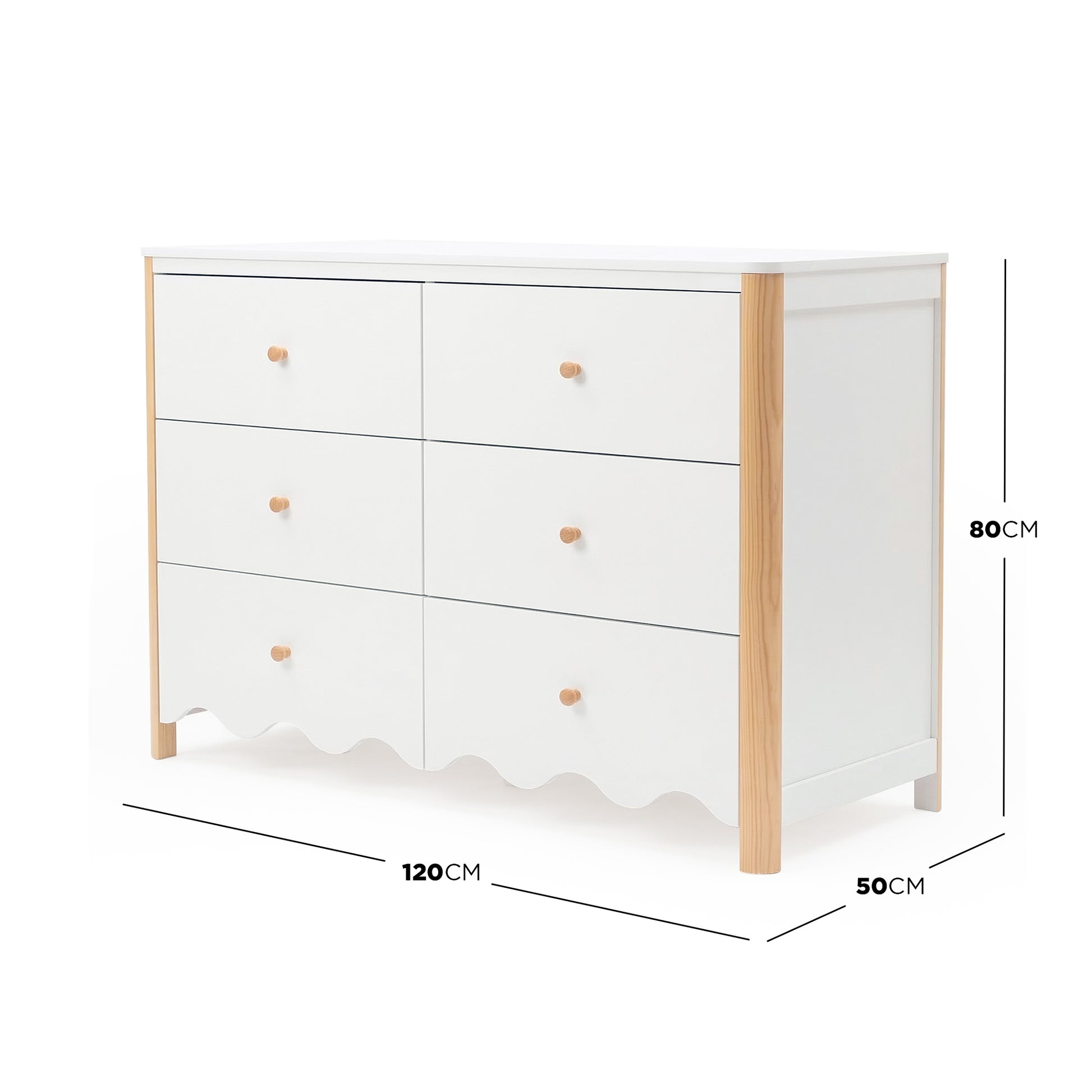 Six-drawer dresser with dimensions 120 × 80 × 50 cm on a white background
