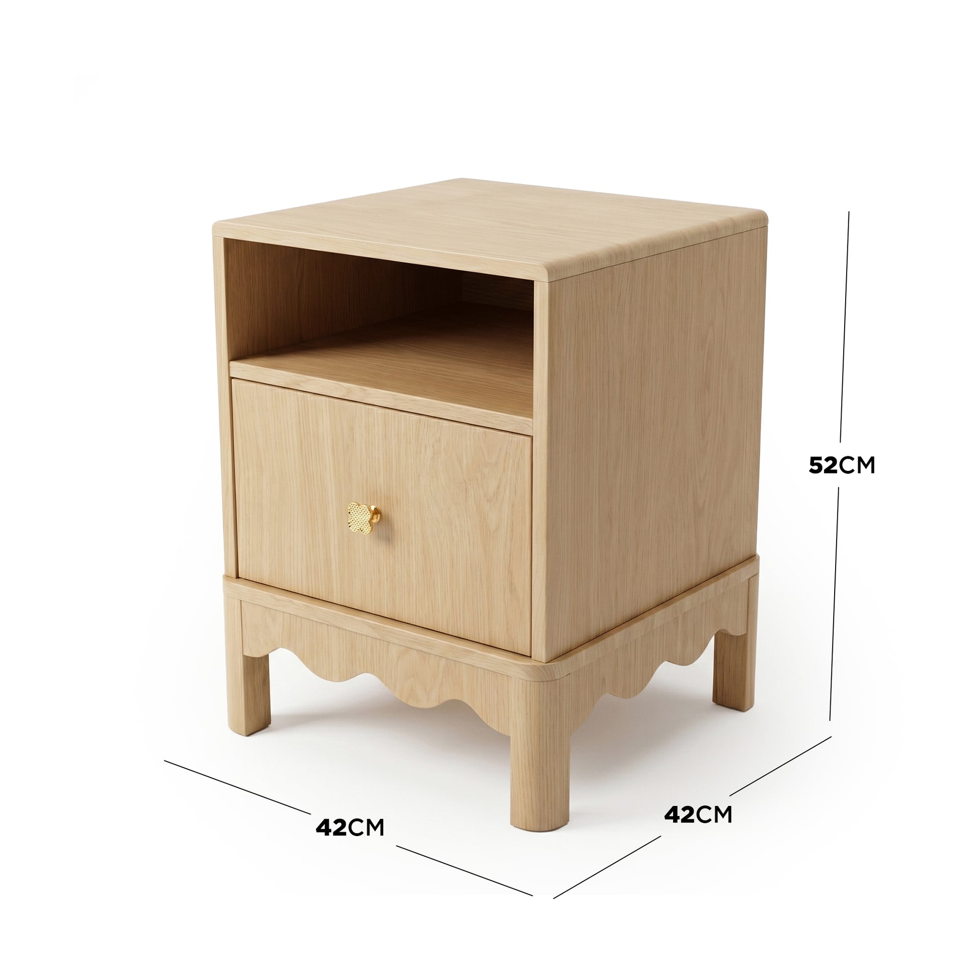 Light wood nightstand on white background with dimensions annotated