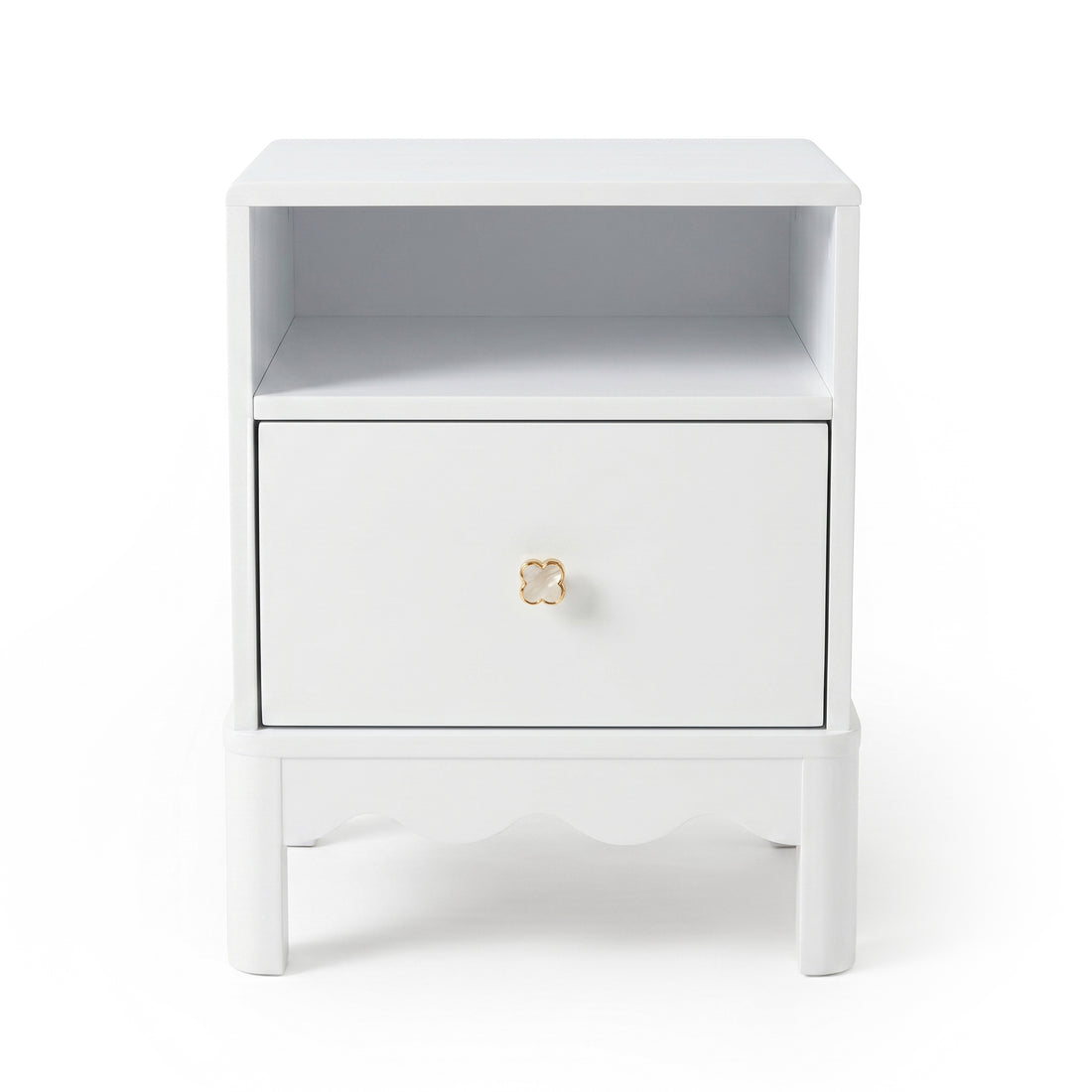 White modern nightstand with open shelf and gold knob on white background