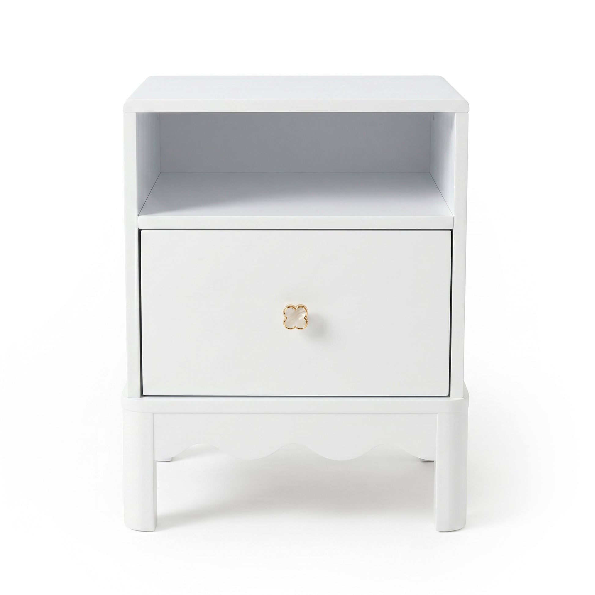 White modern nightstand with open shelf and gold knob on white background