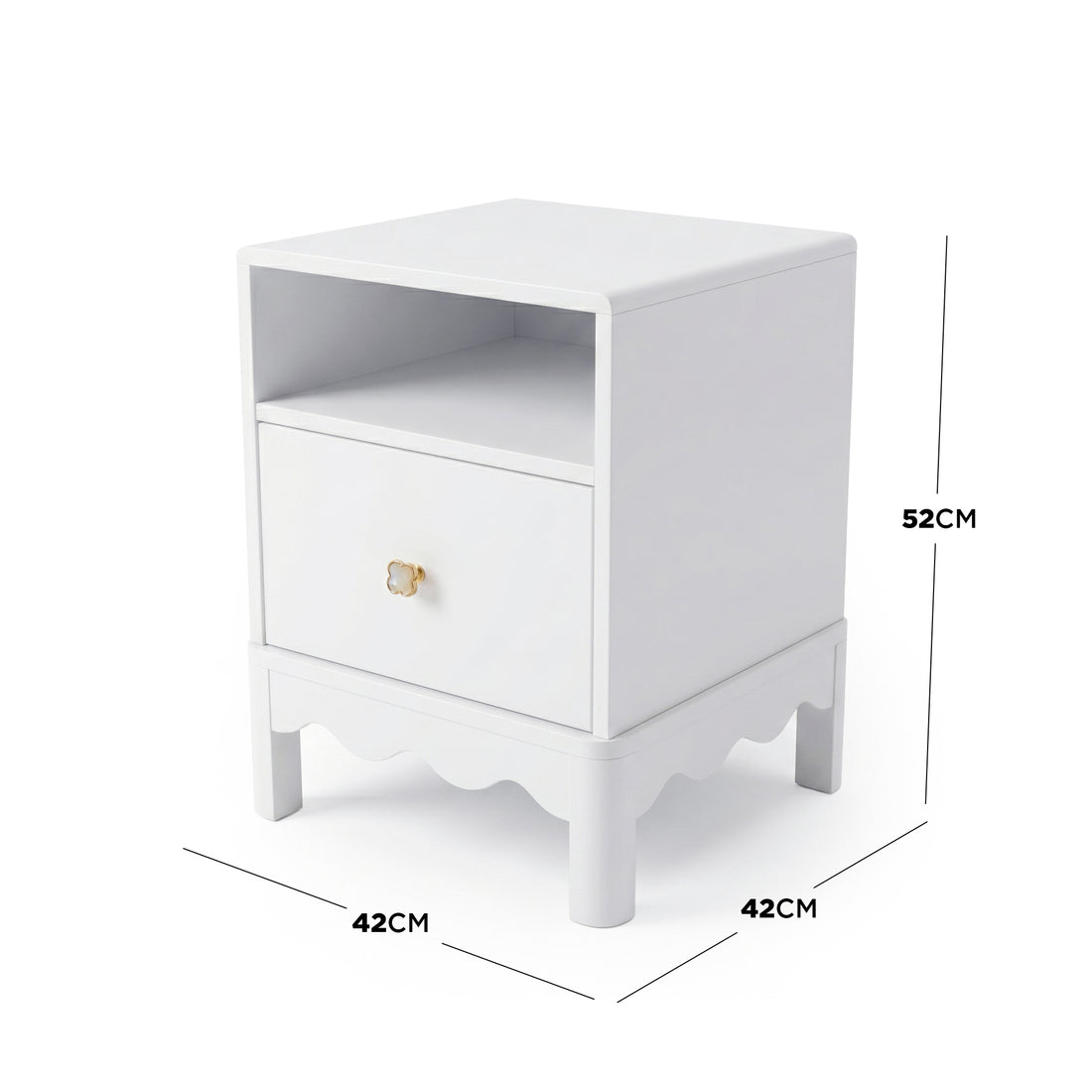 White nightstand with dimension labels on white background