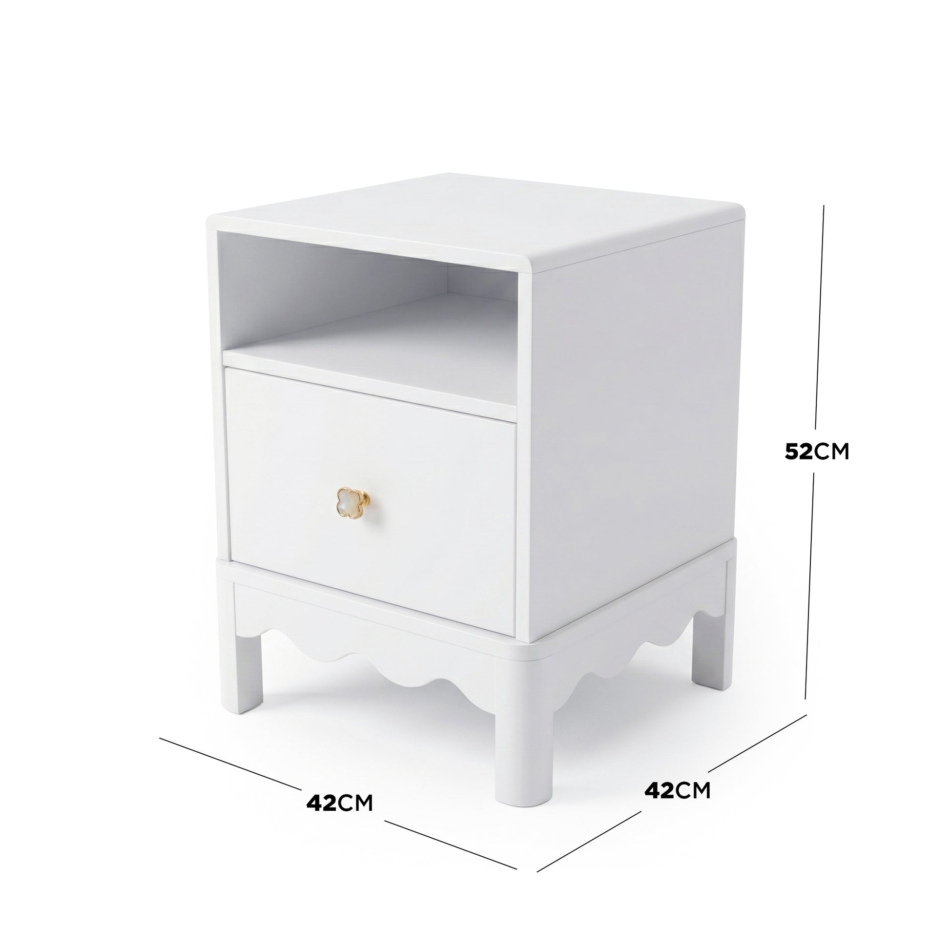 White nightstand with dimension labels on white background