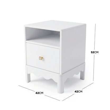 White nightstand with dimension labels on white background