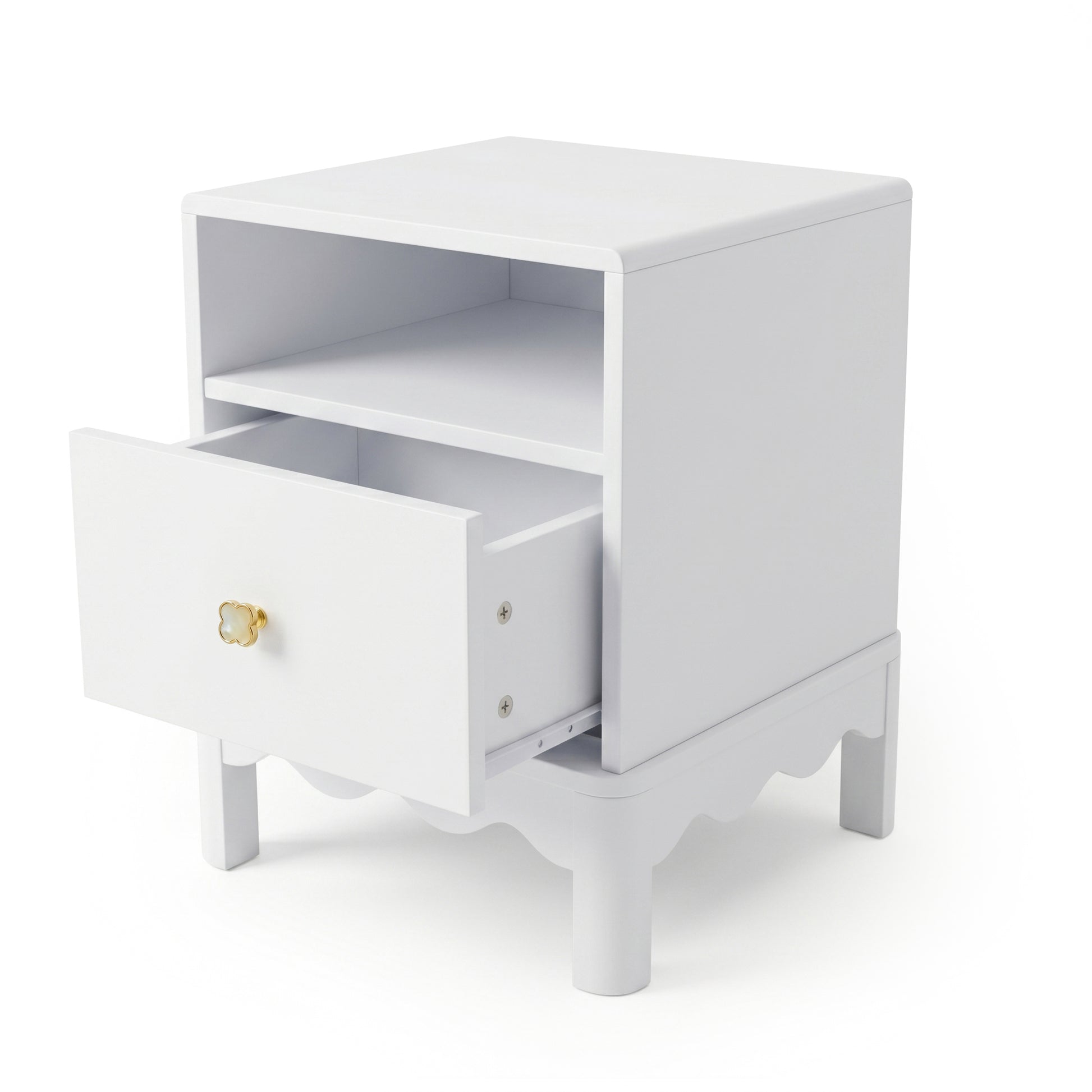 White nightstand with open drawer on white background
