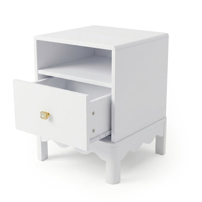 White nightstand with open drawer on white background