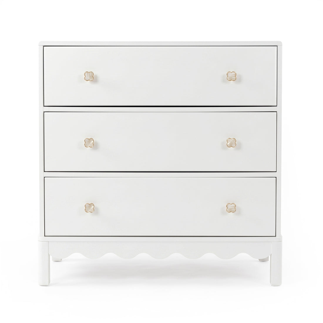 White three-drawer dresser with gold flower knobs on white background