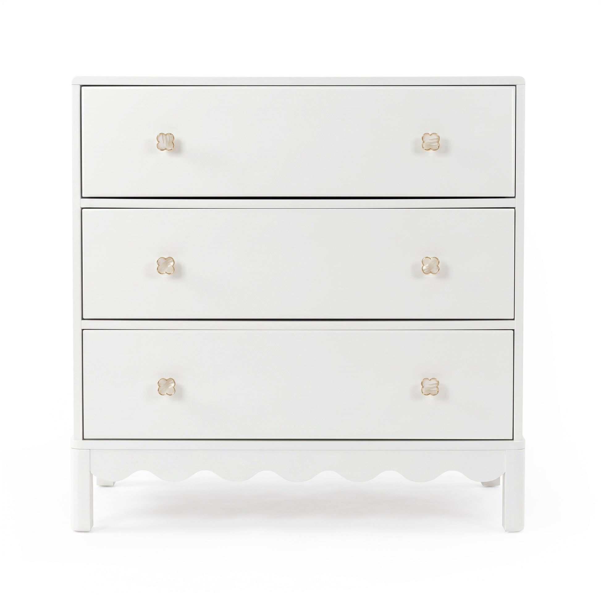 White three-drawer dresser with gold flower knobs on white background
