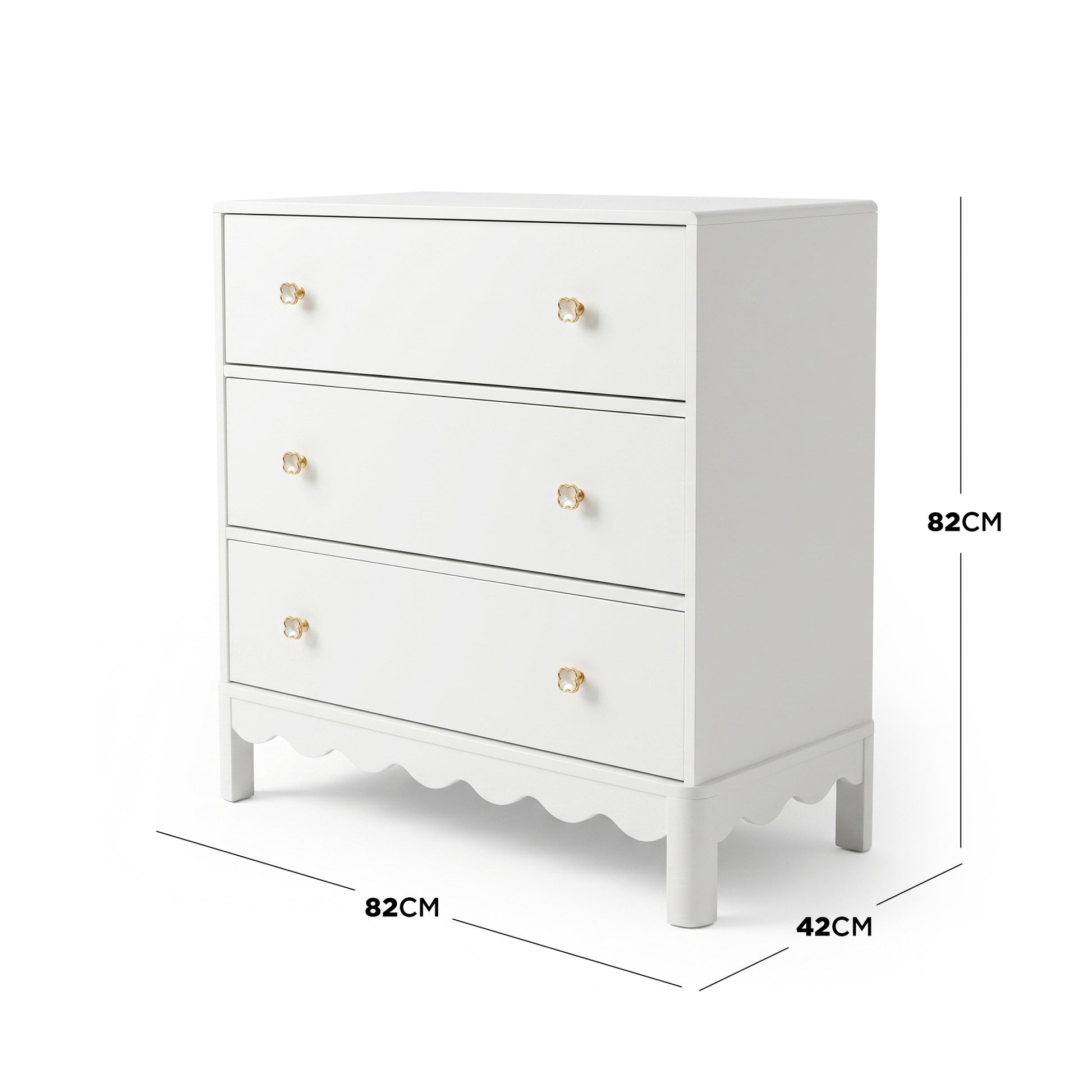 White three-drawer dresser with gold flower knobs on white background