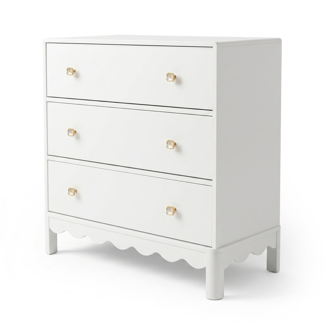 White three-drawer dresser with gold flower knobs on white background