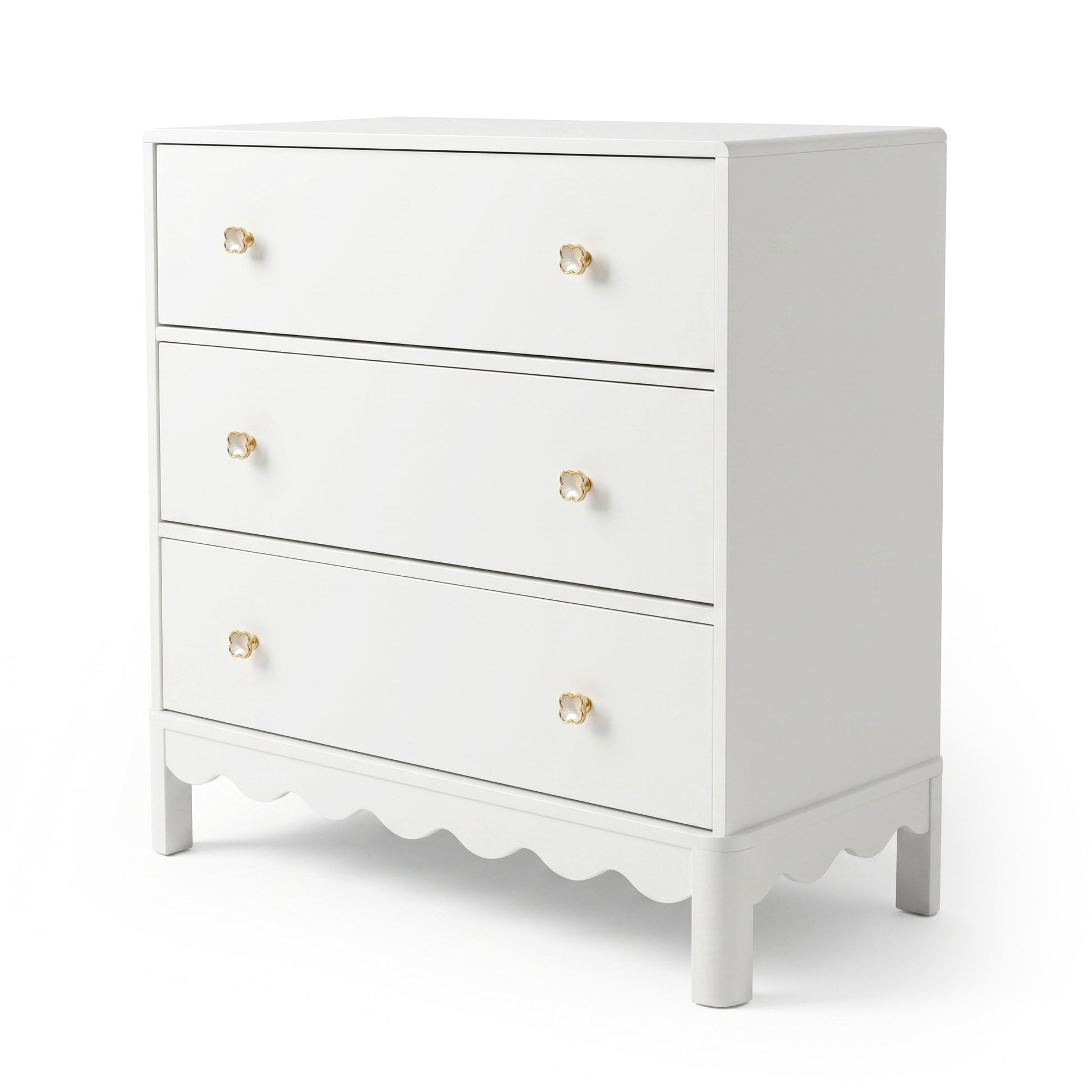 White three-drawer dresser with gold flower knobs on white background