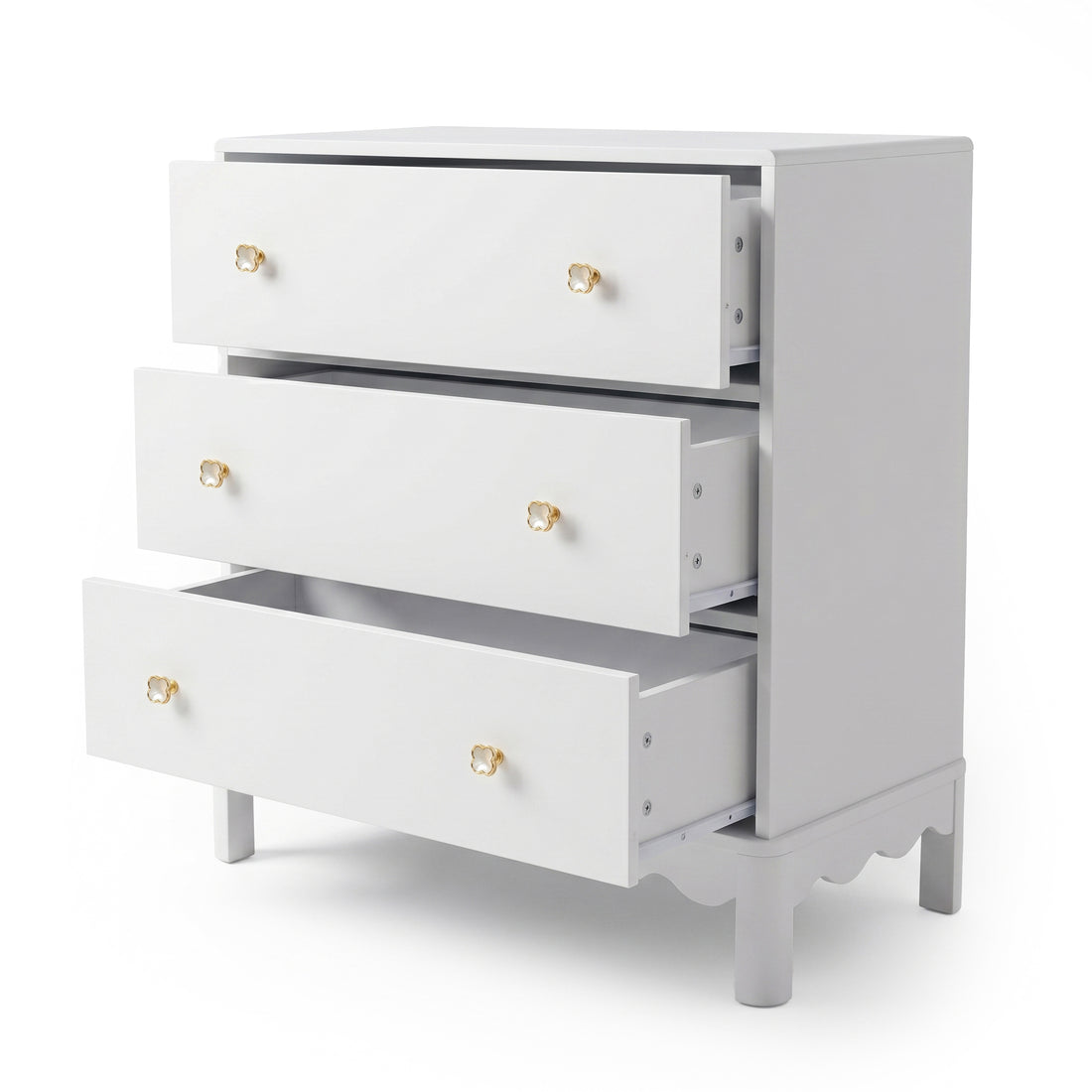White three-drawer dresser with gold flower knobs on white background