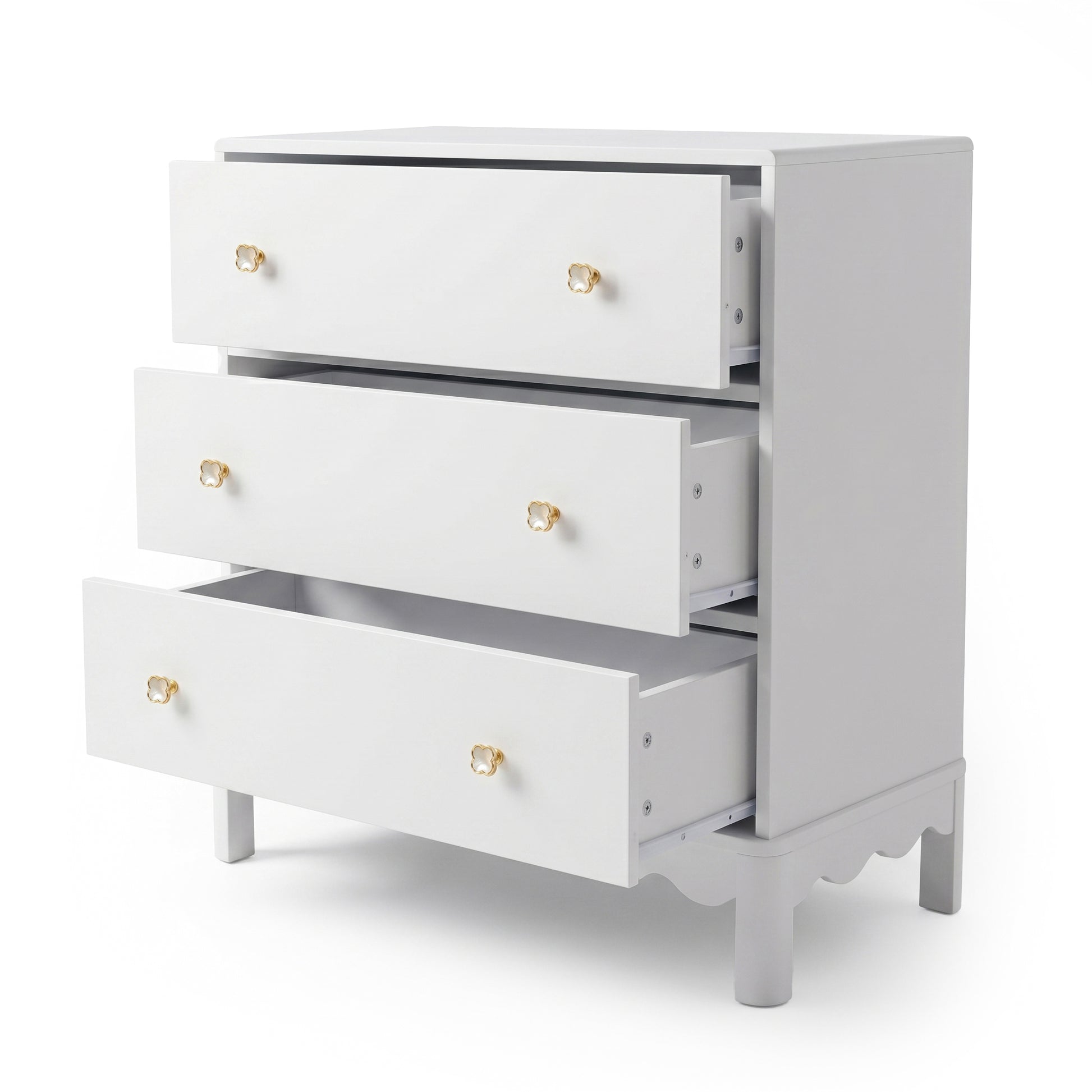 White three-drawer dresser with gold flower knobs on white background