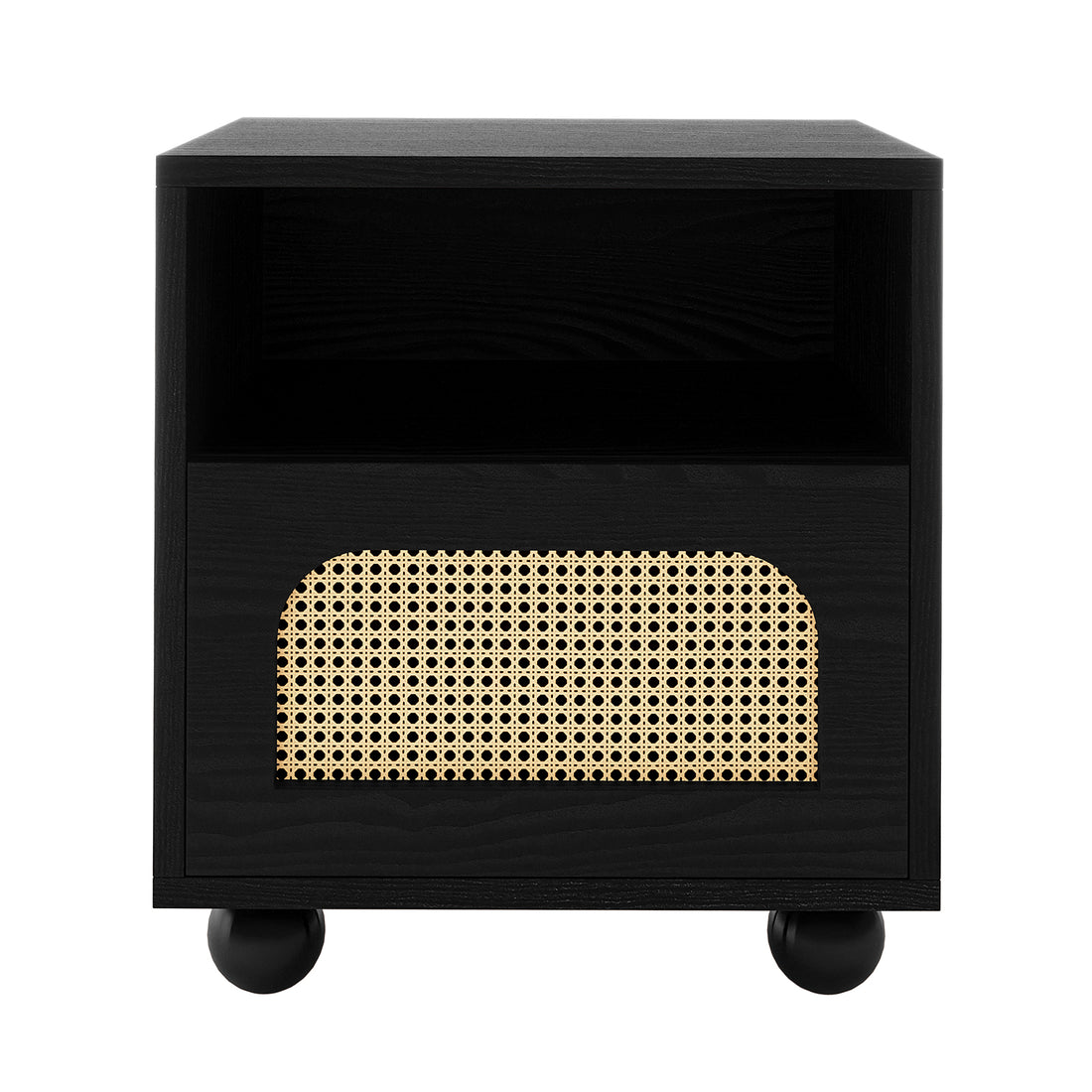 Dialga 45cm Rattan Bedside Table with Storage in Natural, featuring an open cubby, lower cane webbing arch drawer, and four ball feet, blending modern elegance with functional design.