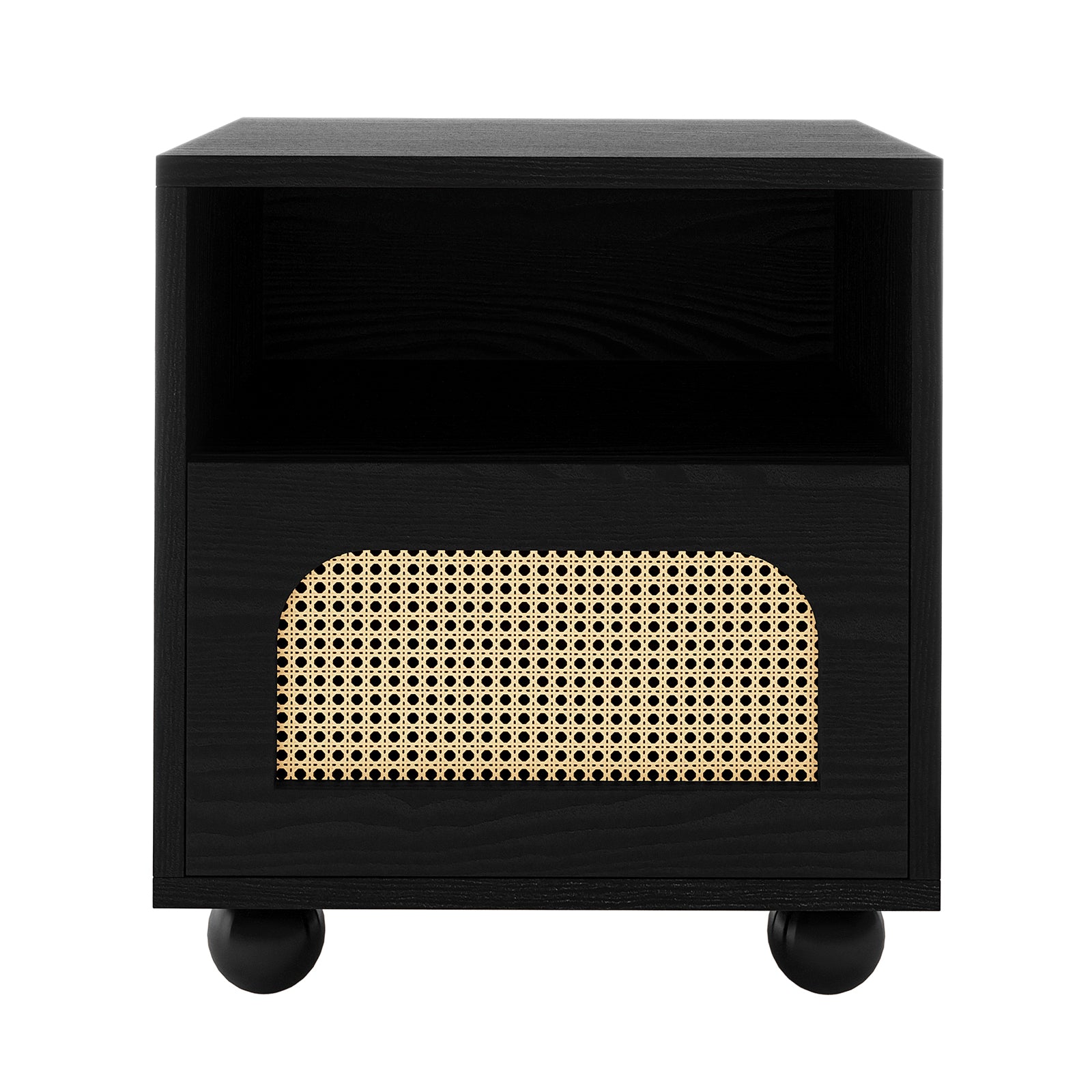 Dialga 45cm Rattan Bedside Table with Storage in Natural, featuring an open cubby, lower cane webbing arch drawer, and four ball feet, blending modern elegance with functional design.
