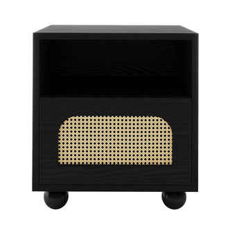 Dialga 45cm Rattan Bedside Table with Storage in Natural, featuring an open cubby, lower cane webbing arch drawer, and four ball feet, blending modern elegance with functional design.