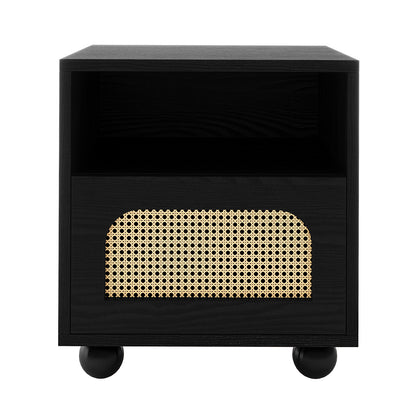 Dialga 45cm Rattan Bedside Table with Storage in Natural, featuring an open cubby, lower cane webbing arch drawer, and four ball feet, blending modern elegance with functional design.