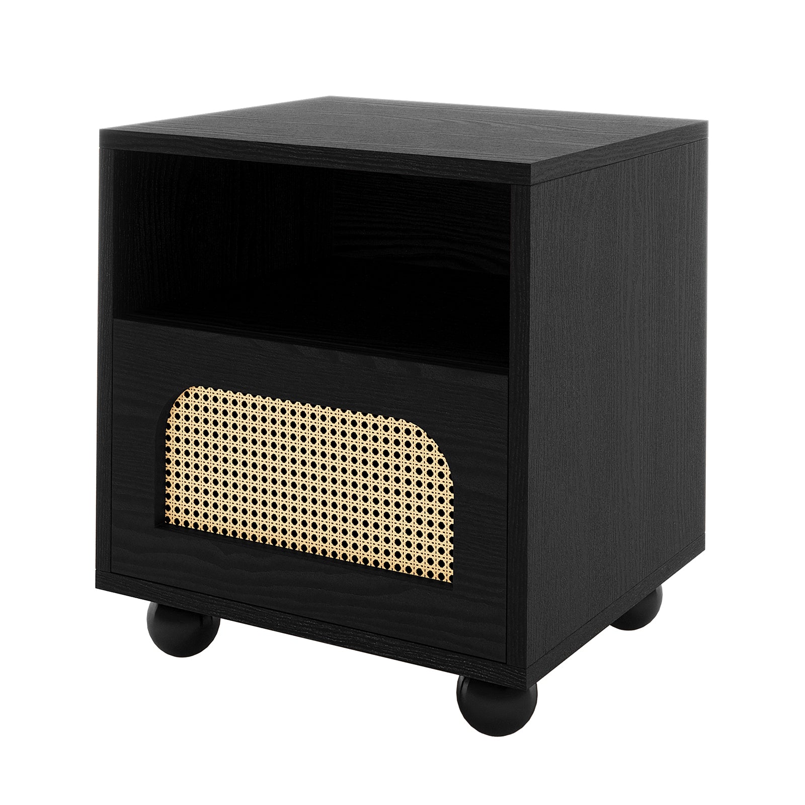 Dialga 45cm Rattan Bedside Table with Storage features a black-stained wood frame, open cubby, and a natural rattan-inlaid drawer, resting on ball-shaped feet, offering modern elegance and functionality.