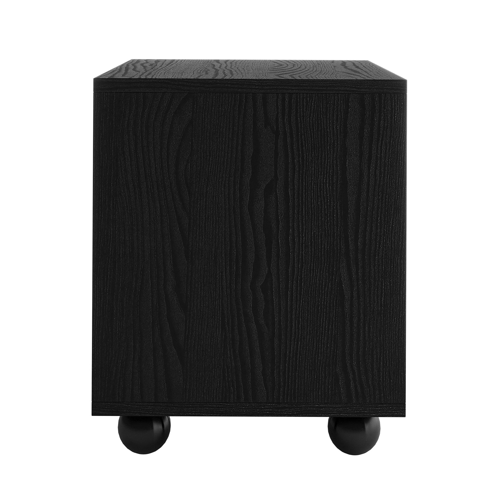 Dialga 45cm Rattan Bedside Table with Storage in Natural, featuring a cube-shaped design with a black wood-grain finish on caster wheels, showcasing a PE rattan drawer panel and sturdy steel legs.