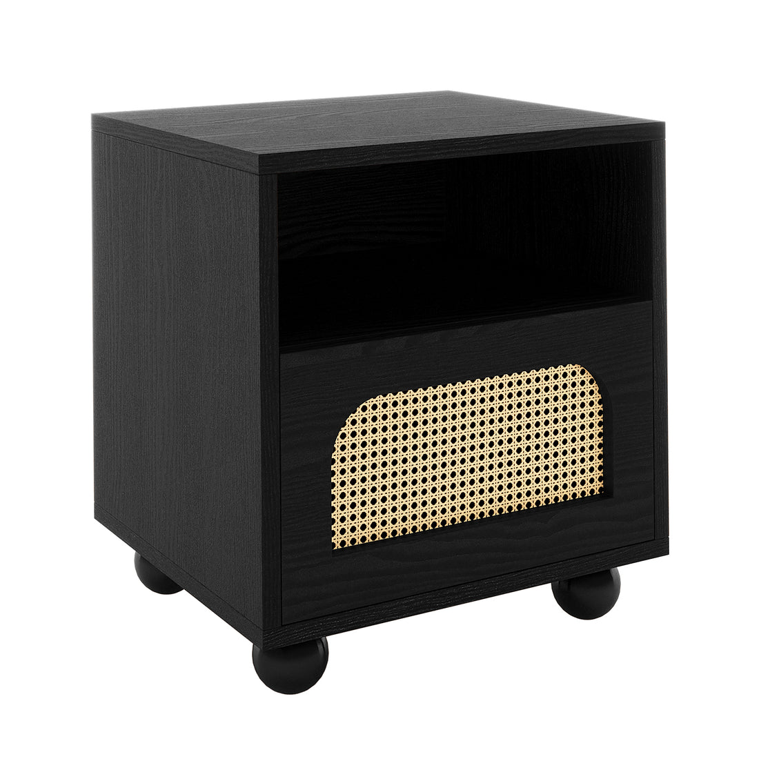 Dialga 45cm Rattan Bedside Table with Storage in Natural features a cube design with caster wheels, an open shelf, and a stylish woven cane-front drawer for modern elegance and functionality.