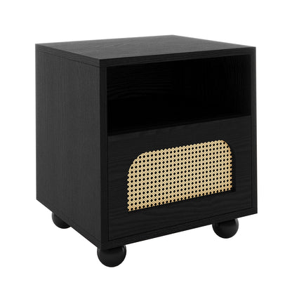 Dialga 45cm Rattan Bedside Table with Storage in Natural features a cube design with caster wheels, an open shelf, and a stylish woven cane-front drawer for modern elegance and functionality.