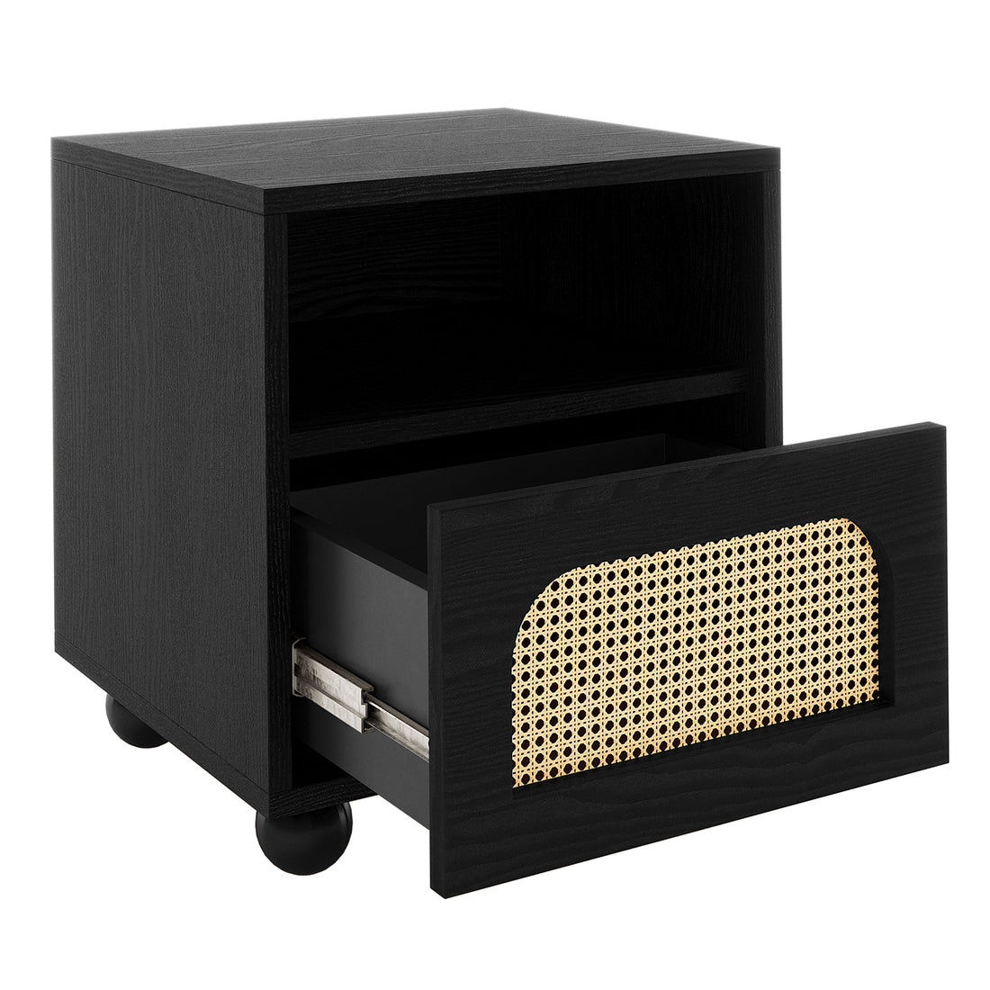 Dialga 45cm Rattan Bedside Table with Storage in Natural features a black wood finish, open shelf, rattan-insert drawer, and caster wheels, offering modern elegance and functional storage.