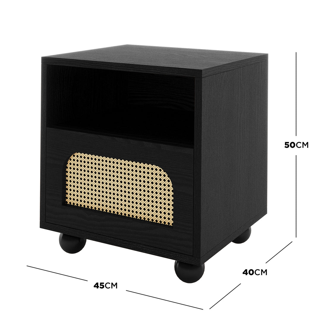Dialga 45cm Rattan Bedside Table with Storage features a black wood-grain finish, open cubby, and lower rattan-style panel, on caster wheels, offering modern elegance and functionality.