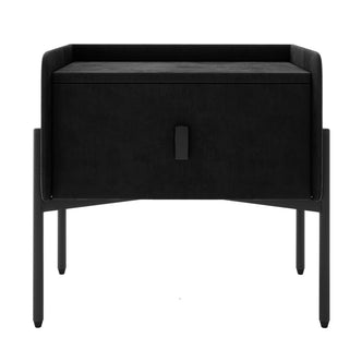 Eliz Velvet Bedside Table - Black, a rectangular piece with plush velvet upholstery and sleek metal legs, showcasing modern design and functionality for stylish bedside storage.