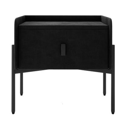 Eliz Velvet Bedside Table - Black, a rectangular piece with plush velvet upholstery and sleek metal legs, showcasing modern design and functionality for stylish bedside storage.