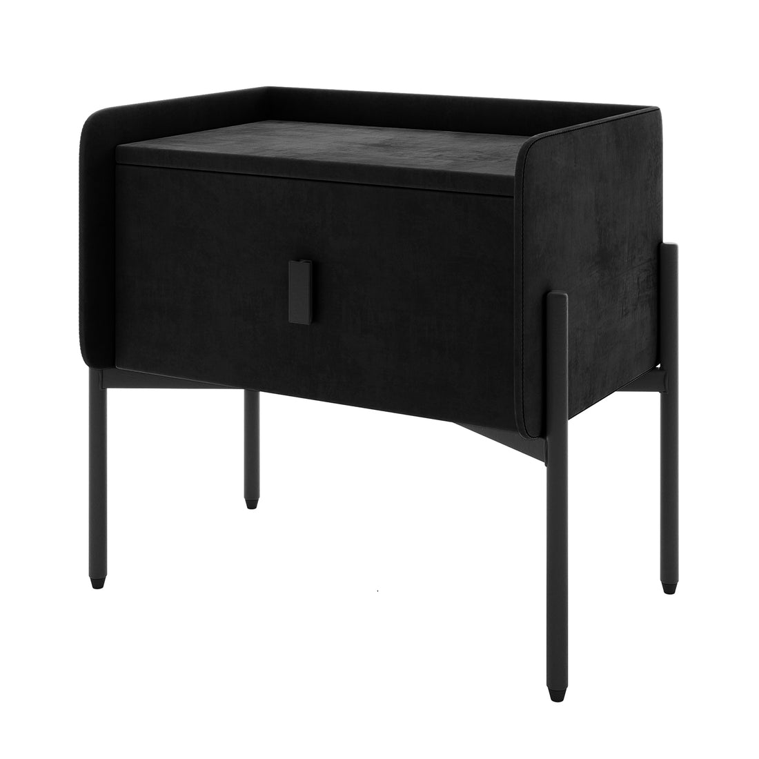Eliz Velvet Fabric Bedside Table in Black, featuring a rectangular storage box with a drop-front, upholstered in plush velvet, supported by sleek cylindrical legs and tray-like top edges.