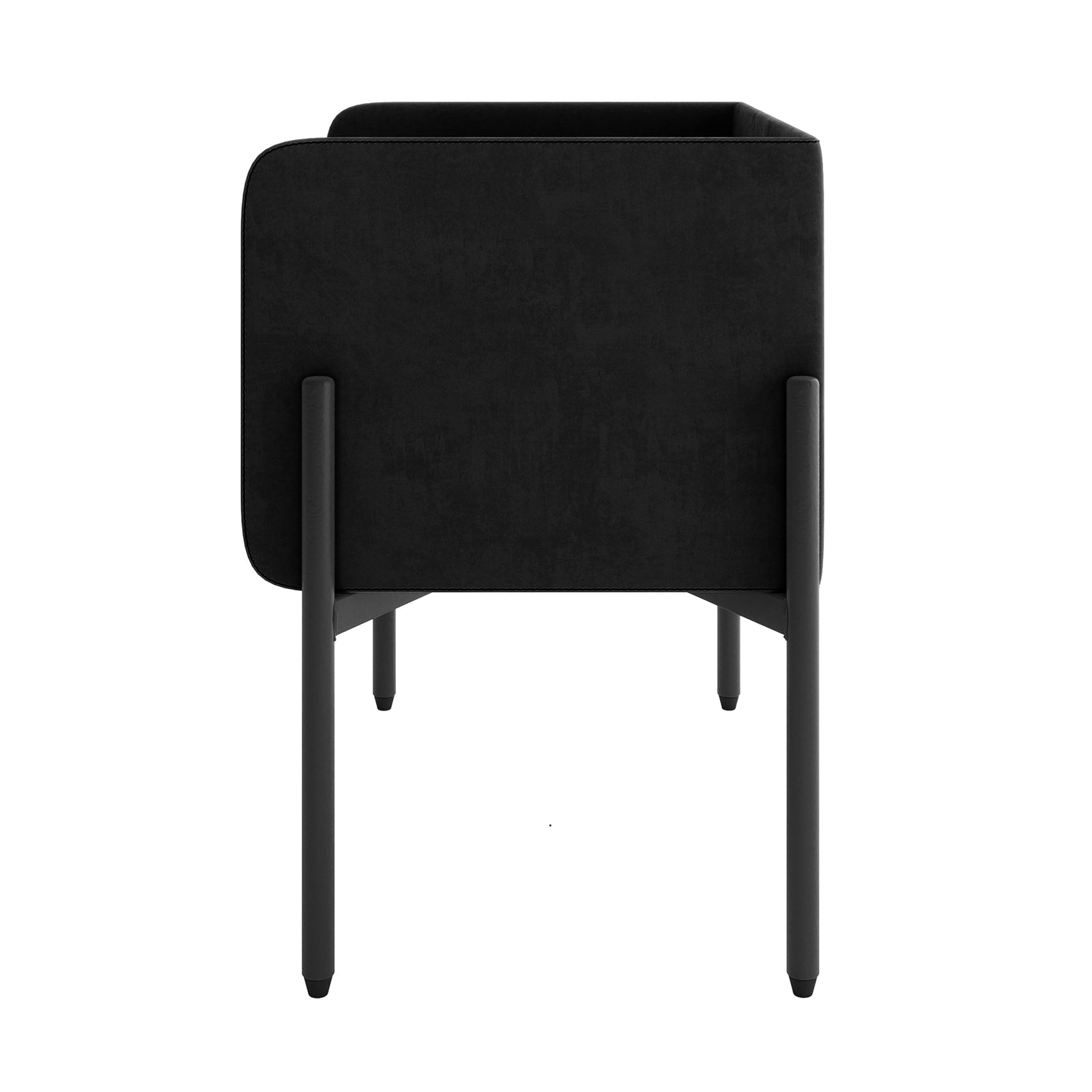 Eliz Velvet Fabric Bedside Table in Black: A sleek, modern nightstand featuring a plush velvet square pot on a slim four-legged stand, captured against a plain white background.