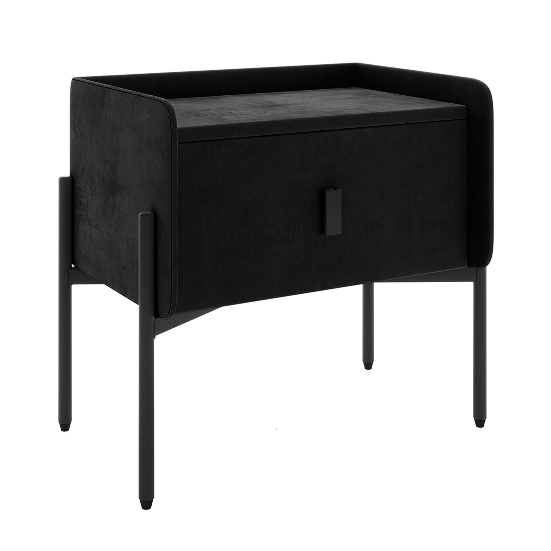 Eliz Velvet Fabric Bedside Table in Black, featuring a box-shaped storage compartment with a sleek flat top and slender legs, offering modern elegance and practical storage for bedrooms.