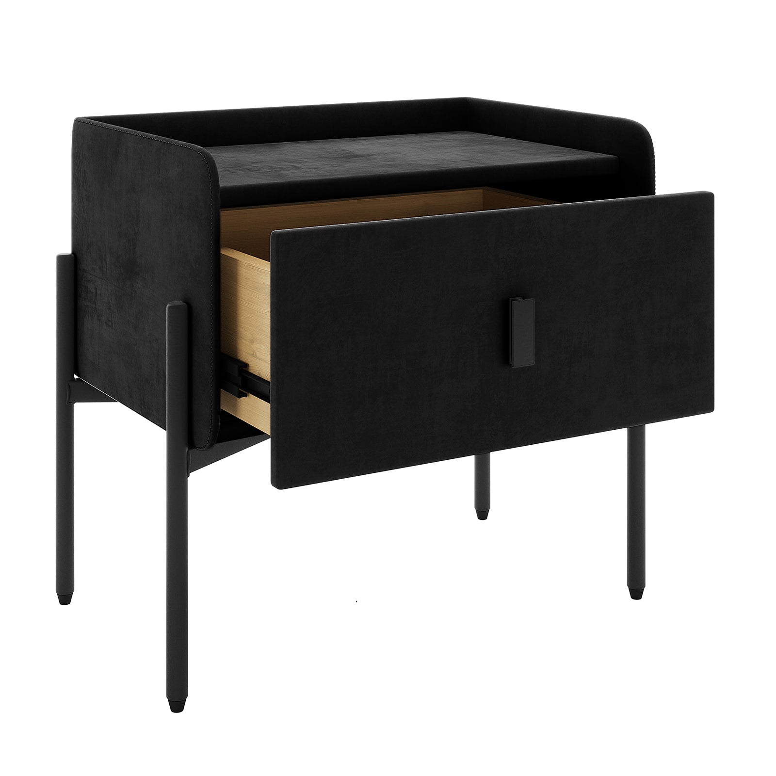 Eliz Velvet Bedside Table - Black, a rectangular nightstand with plush velvet finish, features a spacious drawer and sleek metal legs, showcasing a luxurious and modern design perfect for contemporary bedrooms.