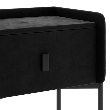 Eliz Velvet Fabric Bedside Table in Black, featuring a padded top with raised edges, a rectangular pull-handle on the front door, and slender cylindrical metal legs, embodying modern luxury.