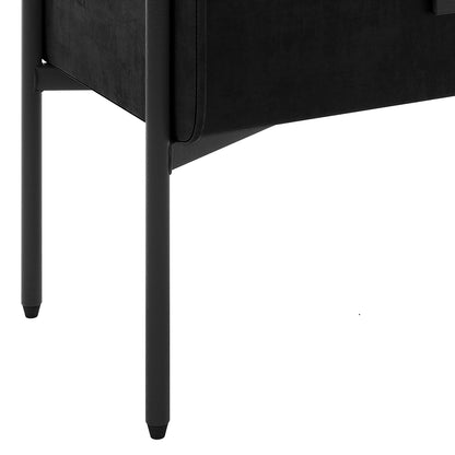 Close-up of the Eliz Velvet Fabric Bedside Table in Black, showcasing its plush black upholstery and sleek cylindrical metal legs, emphasizing its modern design and sophisticated style.